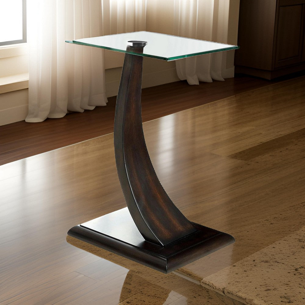 24 Inch Side Table, Curved Panel Base Design, Glass, Dark Brown Wood Finish - BM312122