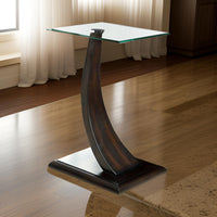 24 Inch Side Table, Curved Panel Base Design, Glass, Dark Brown Wood Finish - BM312122