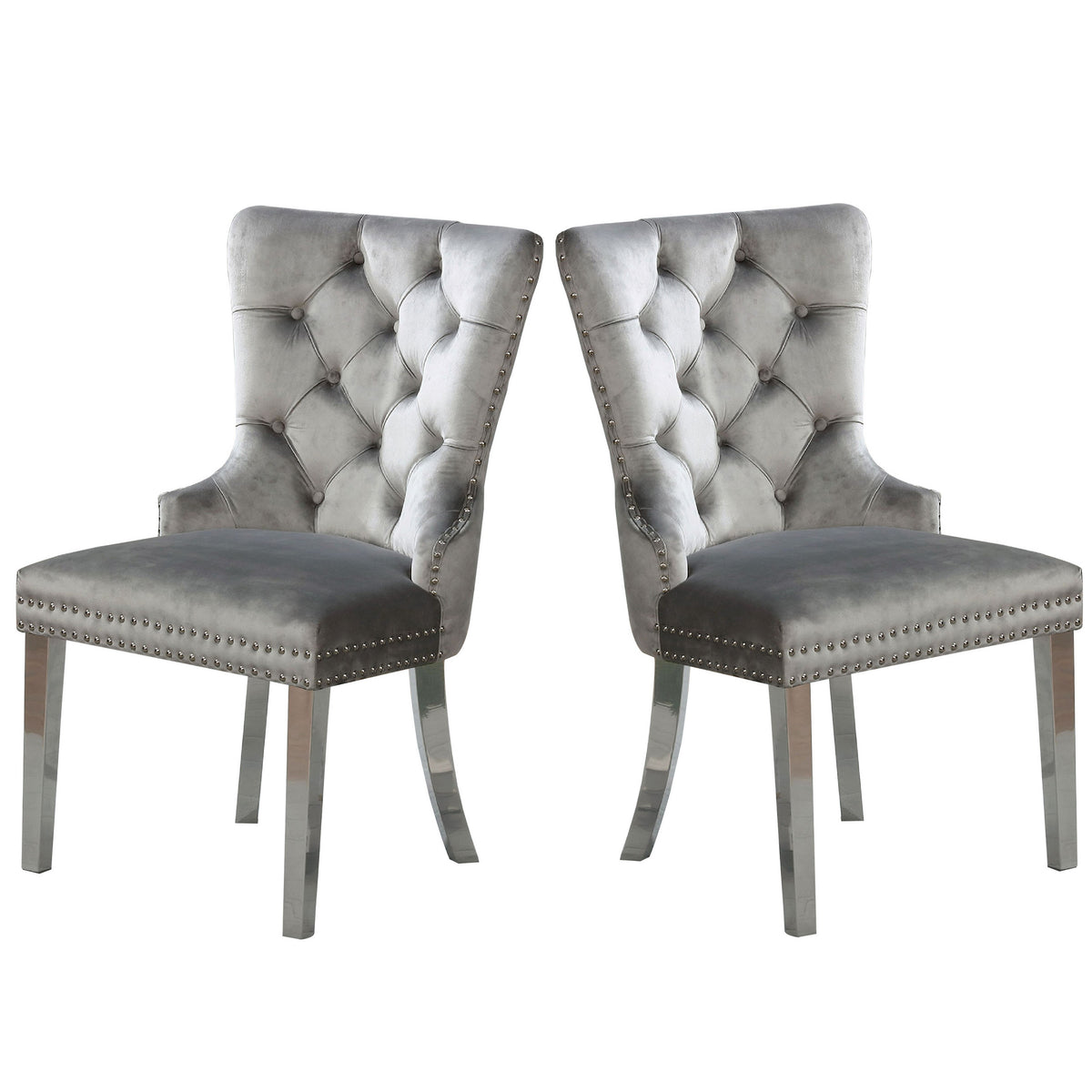 24 Inch Dining Side Chair Set of 2, Tufted Silver Gray Fabric, Chrome legs - BM312123