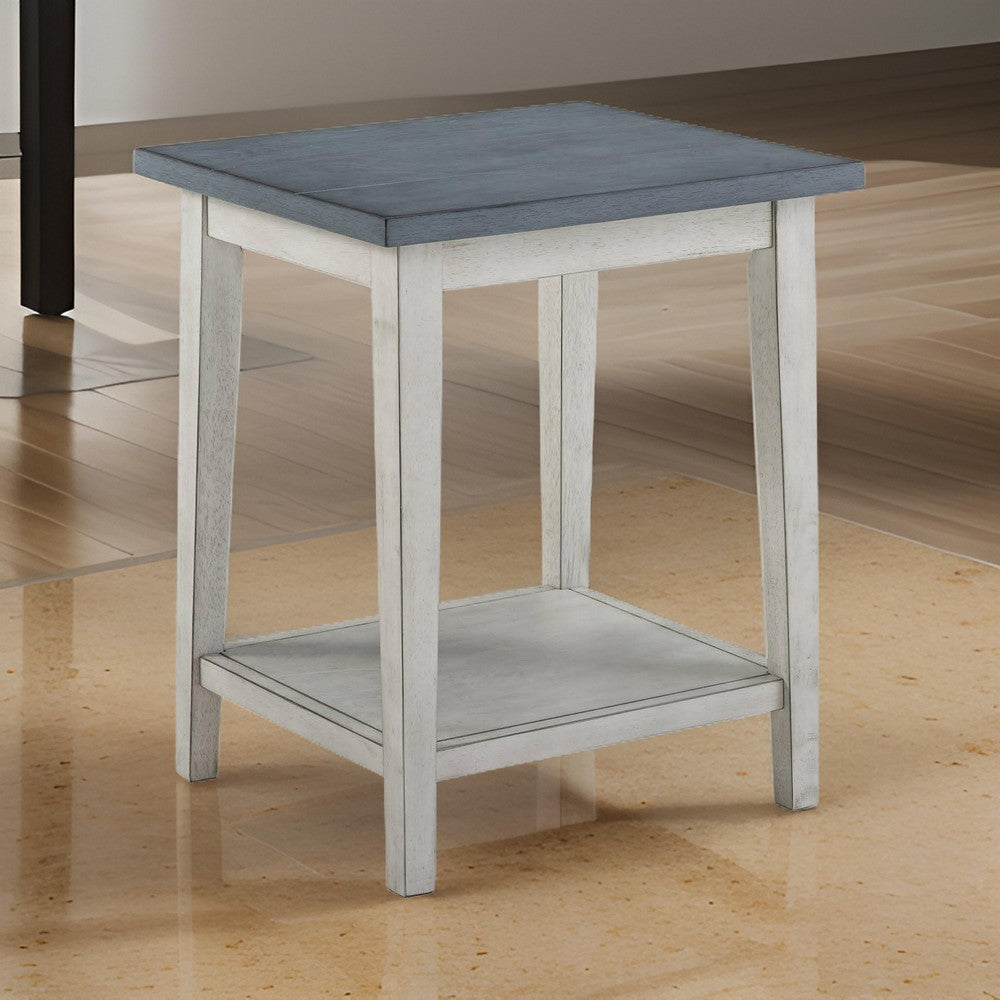 Eleni 24 Inch Side Table, Square Bottom Shelf, Antique White and Blue Wood - BM312124