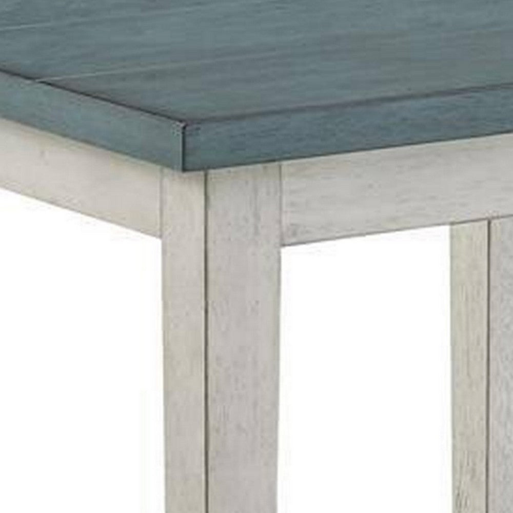 Eleni 24 Inch Side Table, Square Bottom Shelf, Antique White and Teal Wood - BM312126