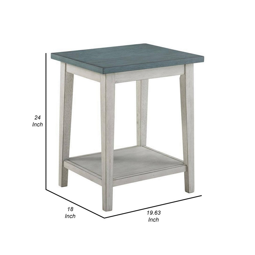 Eleni 24 Inch Side Table, Square Bottom Shelf, Antique White and Teal Wood - BM312126