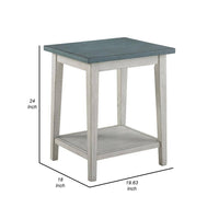 Eleni 24 Inch Side Table, Square Bottom Shelf, Antique White and Teal Wood - BM312126