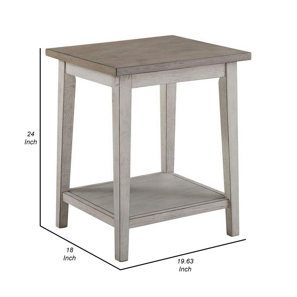 Eleni 24 Inch Side Table, Square Bottom Shelf, Antique White and Gray Wood - BM312127