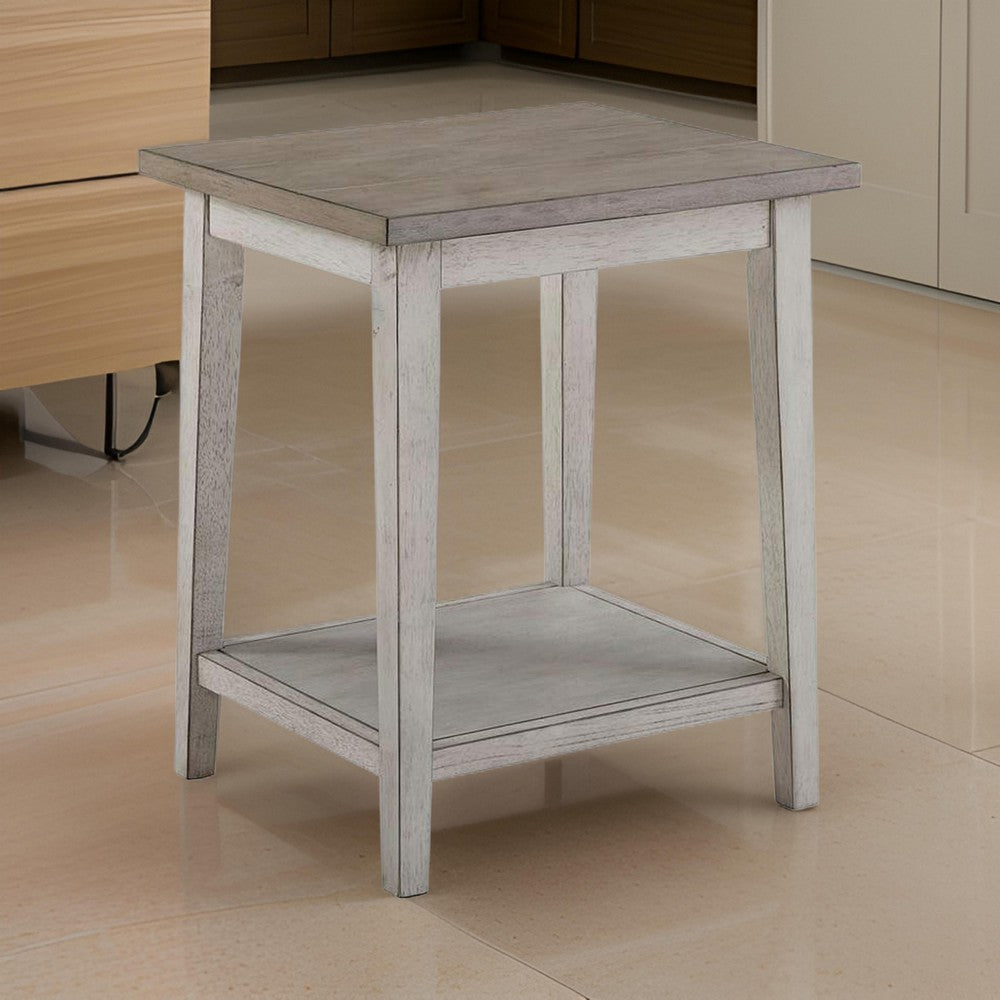 Eleni 24 Inch Side Table, Square Bottom Shelf, Antique White and Gray Wood - BM312127