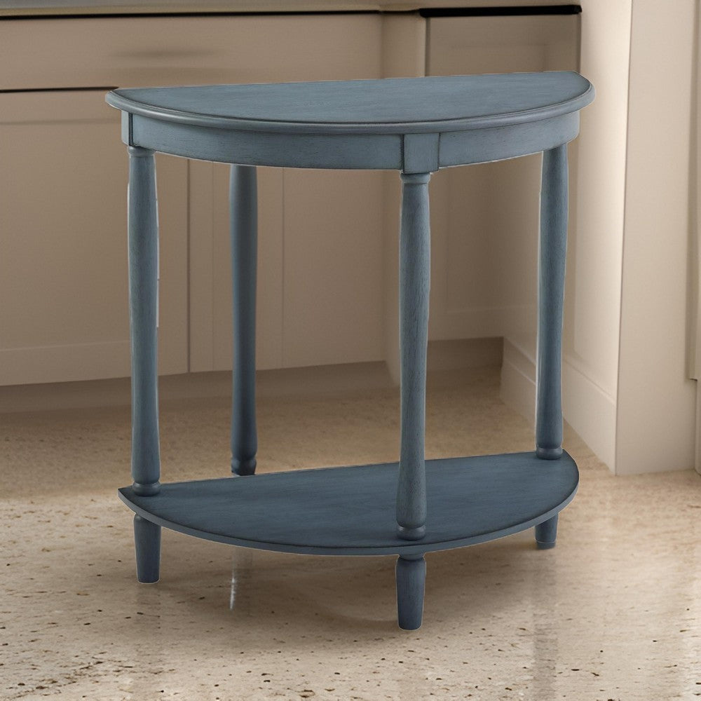 Kiana 28 Inch Side End Table, Bottom Shelf, Semicircle, Antique Blue Wood - BM312128