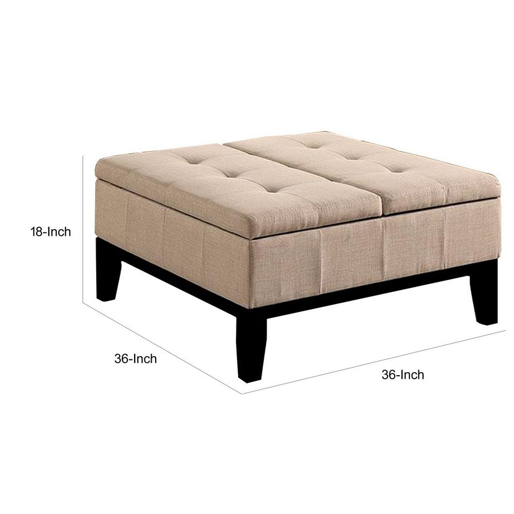 Orin 36 Inch Ottoman, Split Storage Lid, Tufted Beige Upholstery, Wood - BM312132