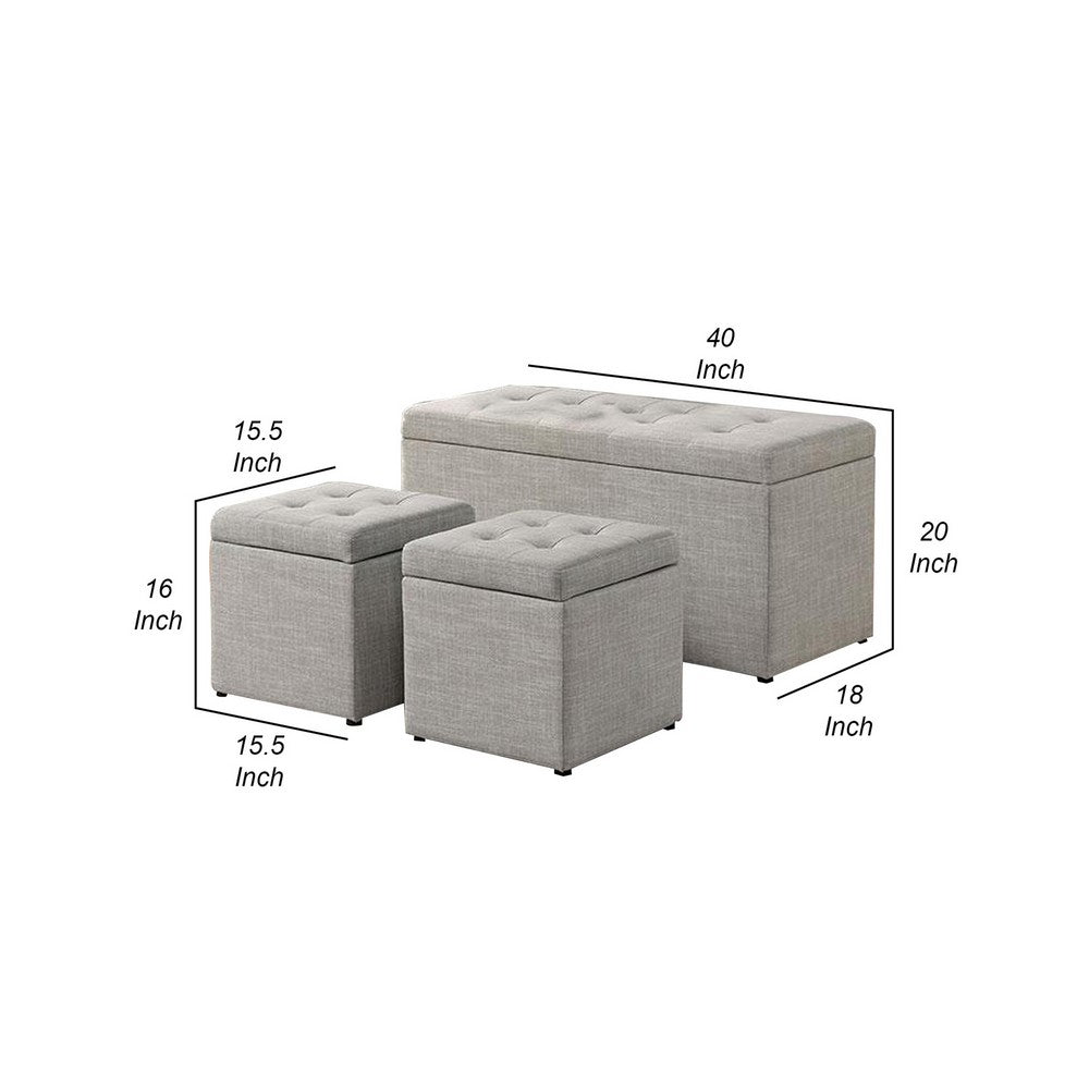 Uriel 3 Piece Storage Bench and 2 Nesting Ottomans, Tufted Light Gray Beige - BM312135