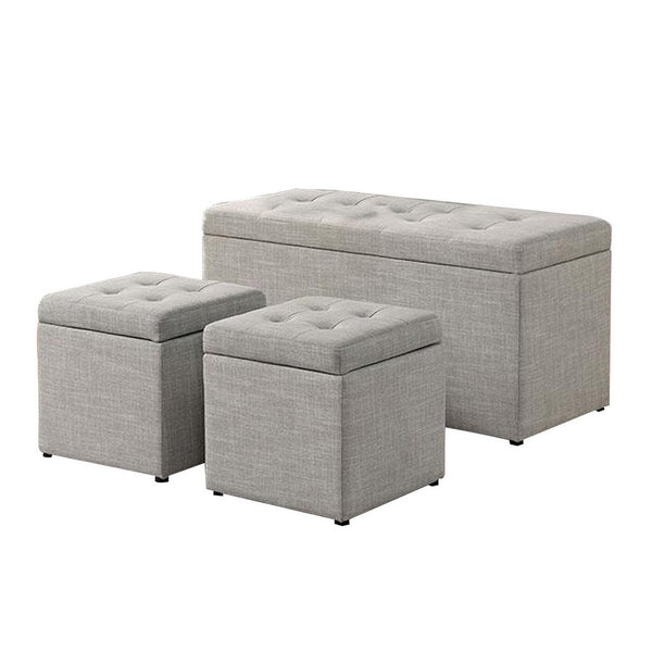 Uriel 3 Piece Storage Bench and 2 Nesting Ottomans, Tufted Light Gray Beige - BM312135