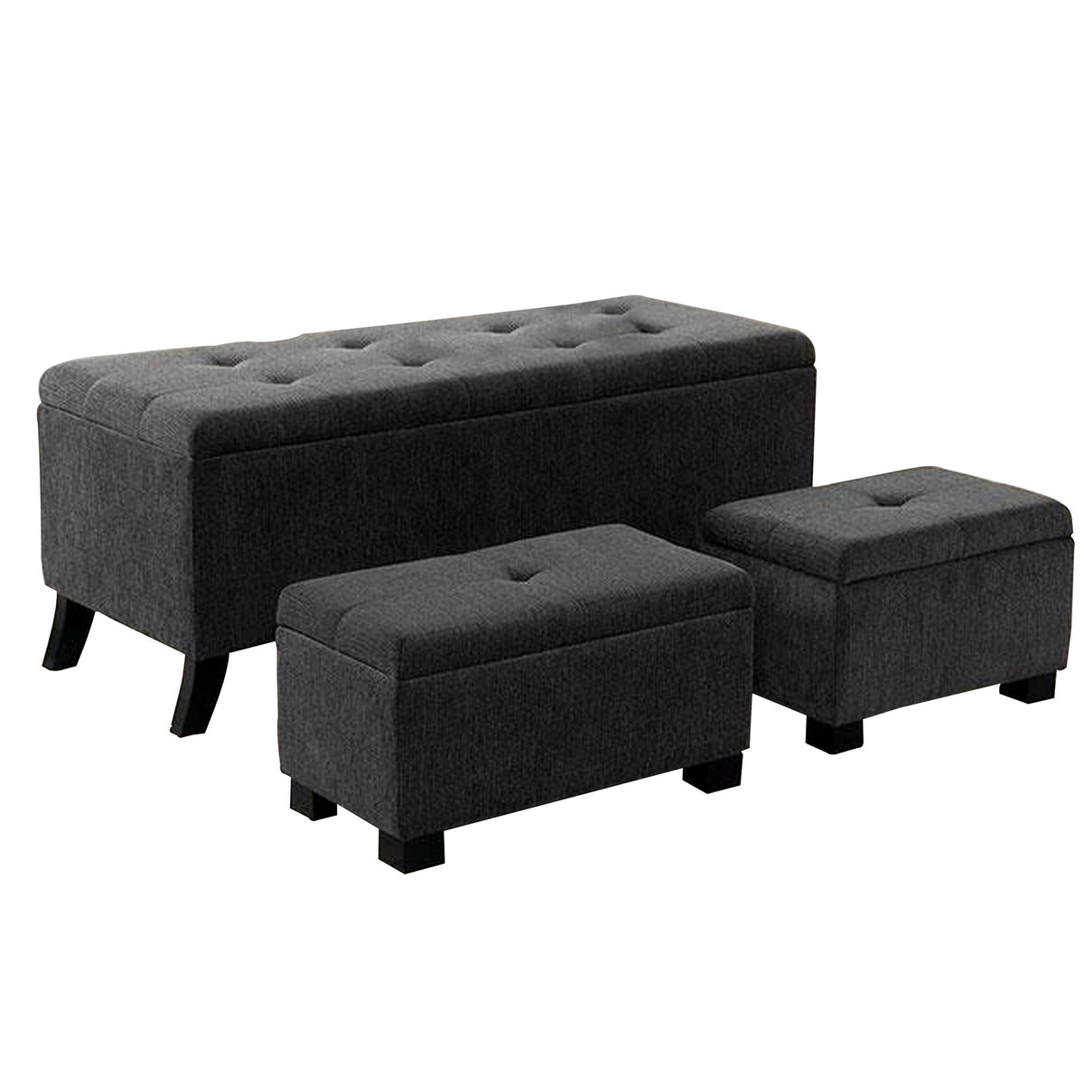 Uriel 3 Piece Storage Bench and 2 Nesting Ottomans, Tufted Dark Gray Fabric - BM312136