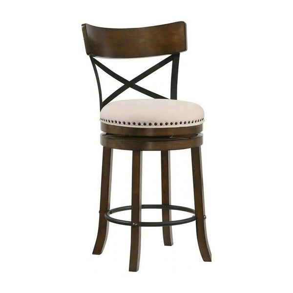 Vesper 27 Inch Swivel Counter Stool Chair Set of 2, Beige Seat, Brown Wood - BM312141