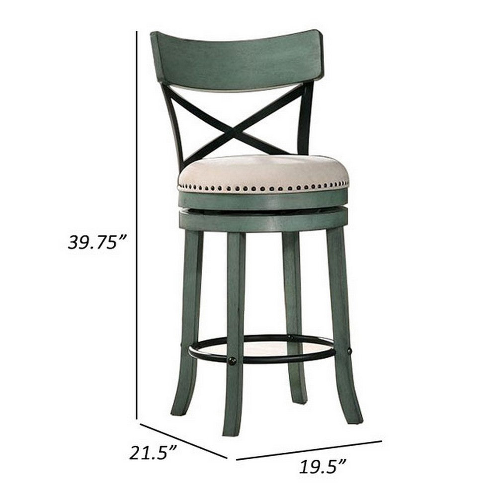 Vesper 27 Inch Swivel Counter Stool Chair Set of 2, Beige Seat, Green Wood - BM312143