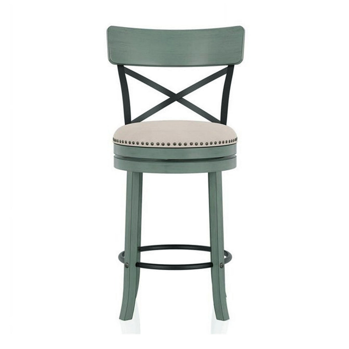 Vesper 31 Inch Swivel Barstool Chair Set of 2, Beige Seat, Green Wood Frame - BM312144