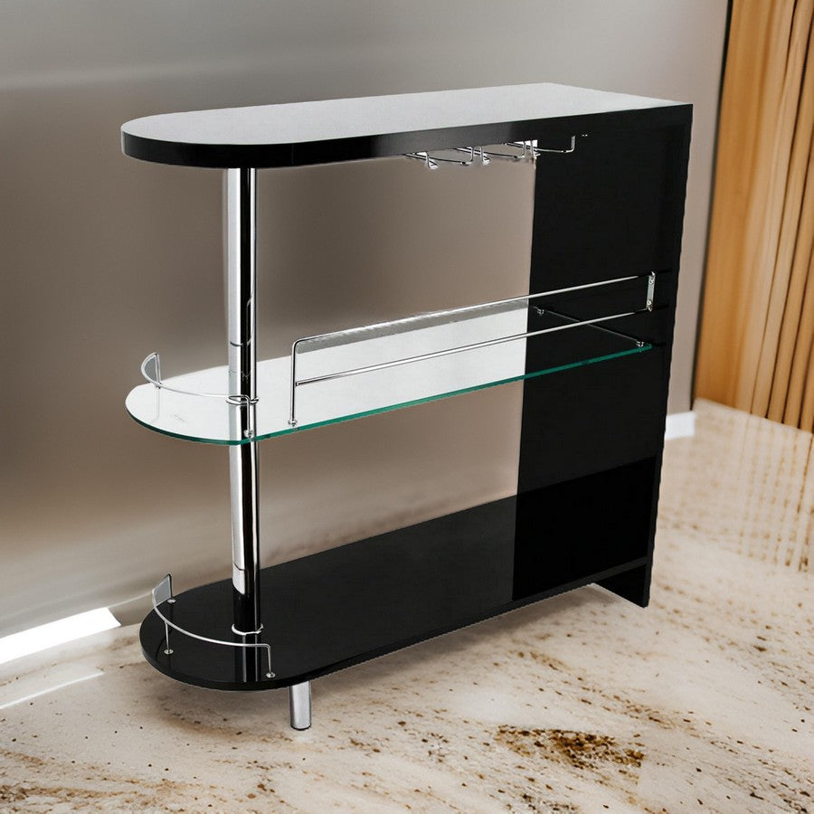 Zaina 42 Inch Modern Bar Table, 3 Shelves, Tempered Glass, Black, Chrome - BM312147