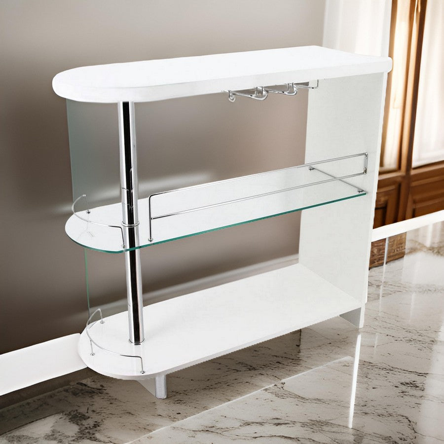 Zaina 42 Inch Modern Bar Table, 3 Shelves, Tempered Glass, White, Chrome - BM312148