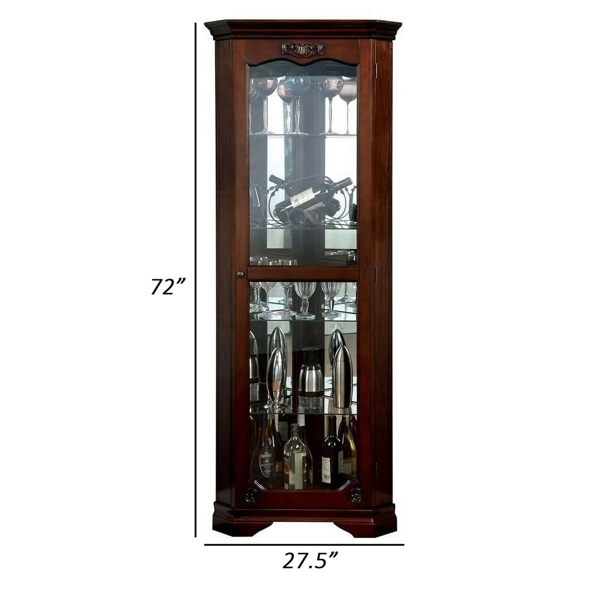 72 Inch Corner Curio Cabinet, 5 Shelves, Tempered Glass Door, Brown Wood - BM312149