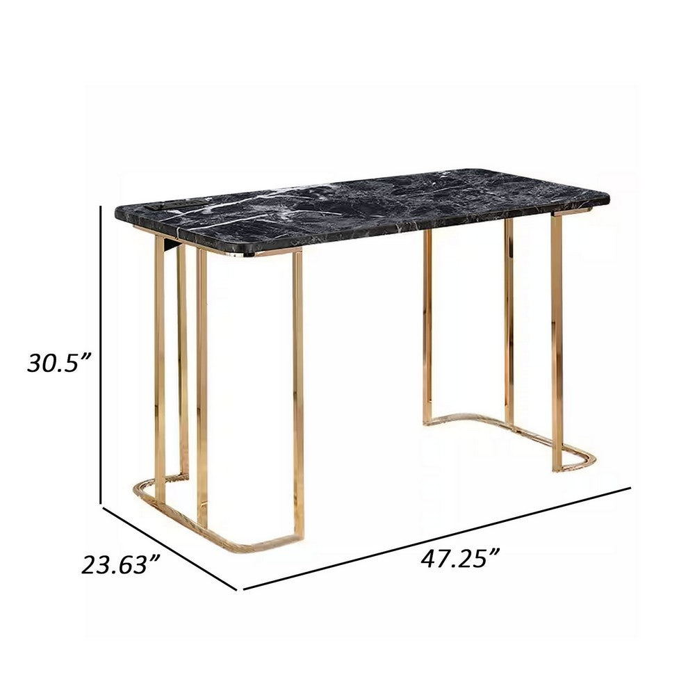 Jenny 47 Inch Desk, USB Power Outlet, Gold Metal Legs, Black Faux Marble - BM312150