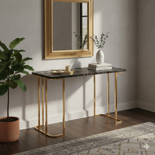 Jenny 47 Inch Desk, USB Power Outlet, Gold Metal Legs, Black Faux Marble - BM312150