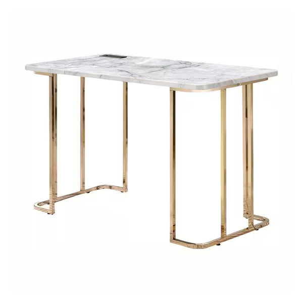 Jenny 47 Inch Desk, USB Power Outlet, Gold Metal Legs, White Faux Marble - BM312151