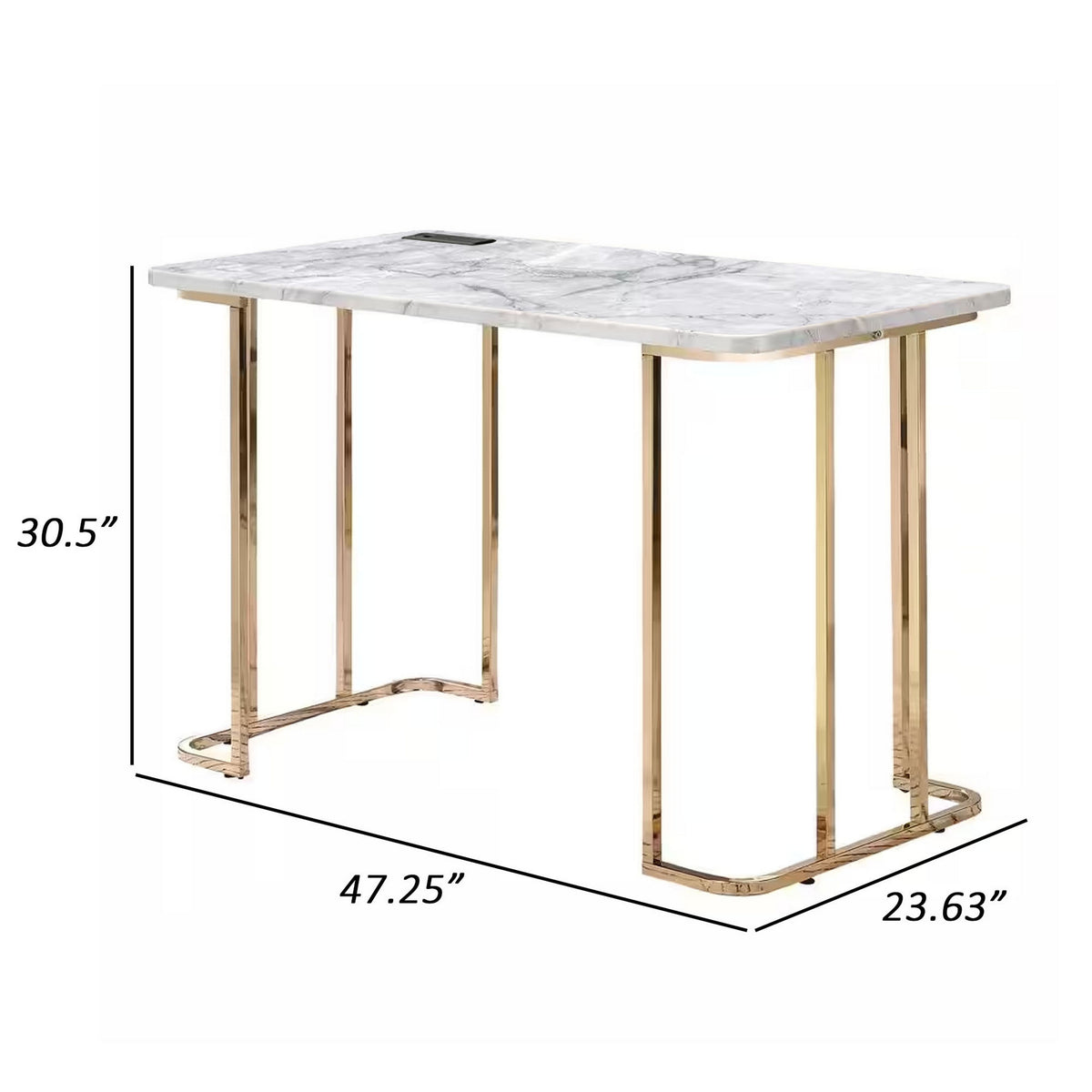 Jenny 47 Inch Desk, USB Power Outlet, Gold Metal Legs, White Faux Marble - BM312151