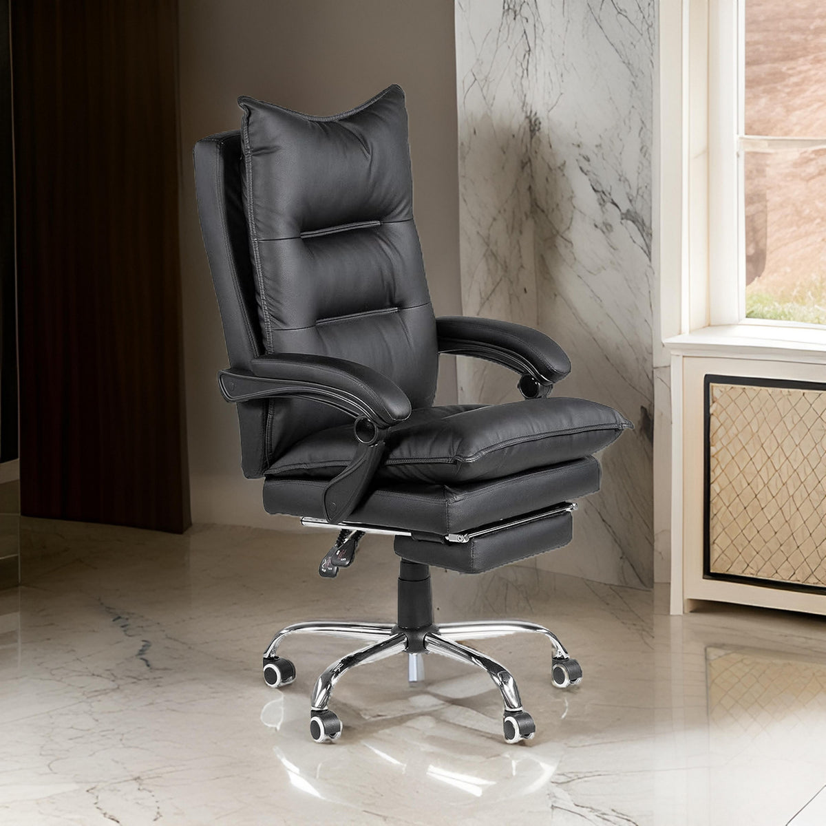 Elin 46 Inch Office Chair Recliner, Footrest, Black Faux Leather, Wheels - BM312152