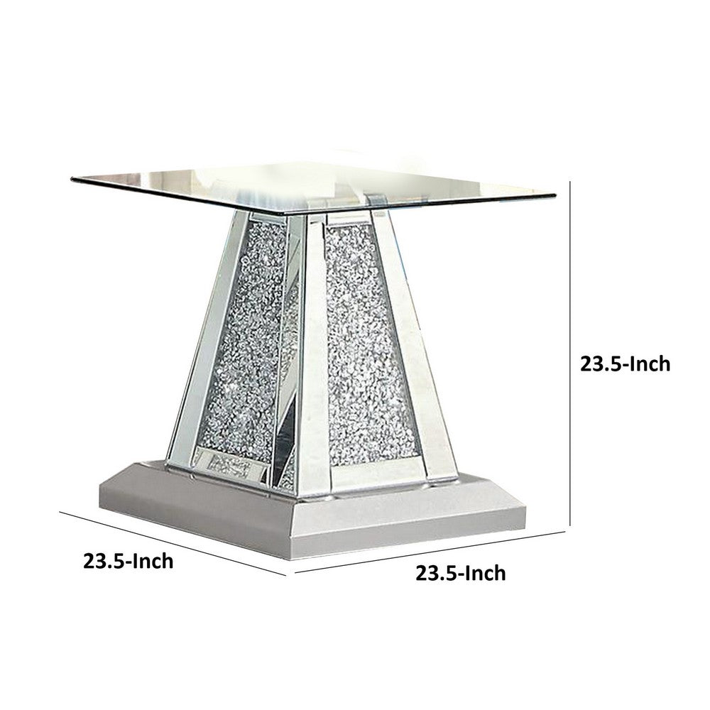 Rigo 24 Inch Accent End Table, Glass Top, Pedestal, Silver Acrylic Accents - BM312154