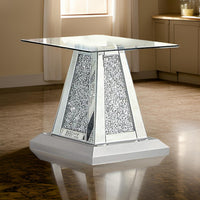 Rigo 24 Inch Accent End Table, Glass Top, Pedestal, Silver Acrylic Accents - BM312154