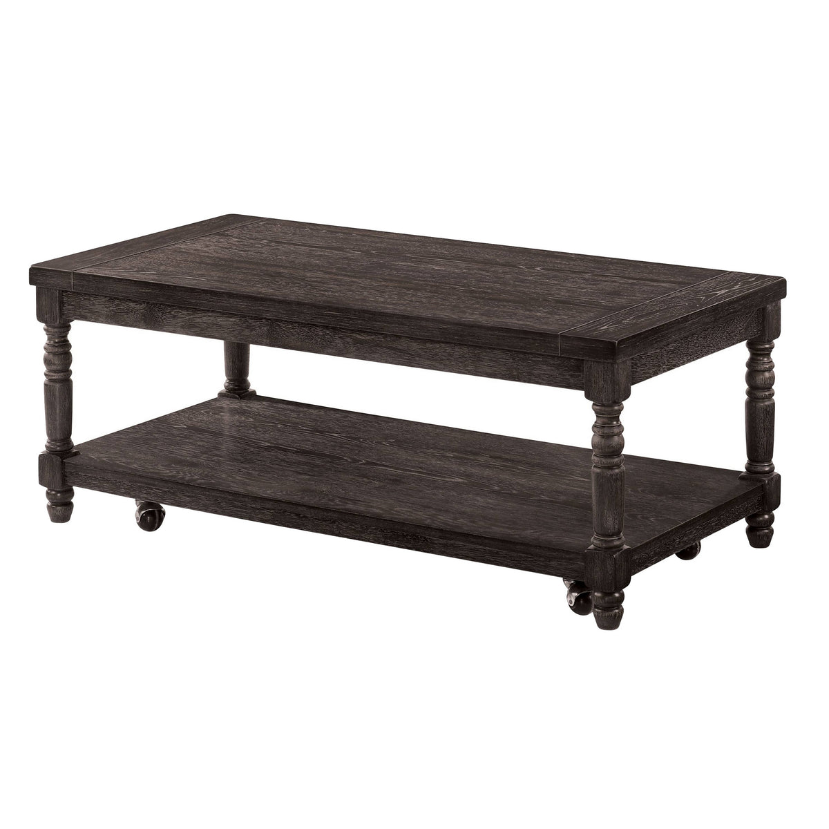 3 Piece Coffee Table and End Table Set, Plank Style, Wheels, Weathered Gray - BM312158