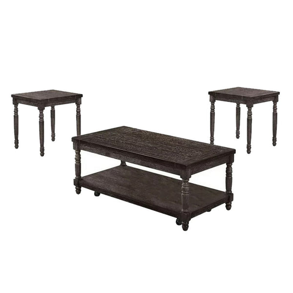 3 Piece Coffee Table and End Table Set, Plank Style, Wheels, Weathered Gray - BM312158