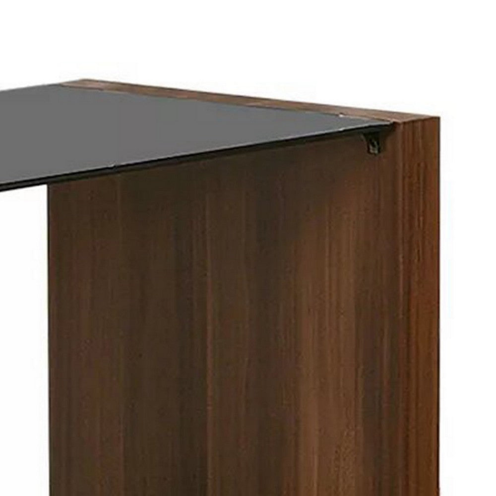 Bere 24 Inch Side End Table, Black Glass Top, Open Bottom Shelf, Brown Wood - BM312159