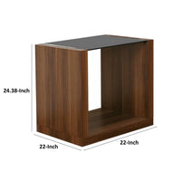 Bere 24 Inch Side End Table, Black Glass Top, Open Bottom Shelf, Brown Wood - BM312159