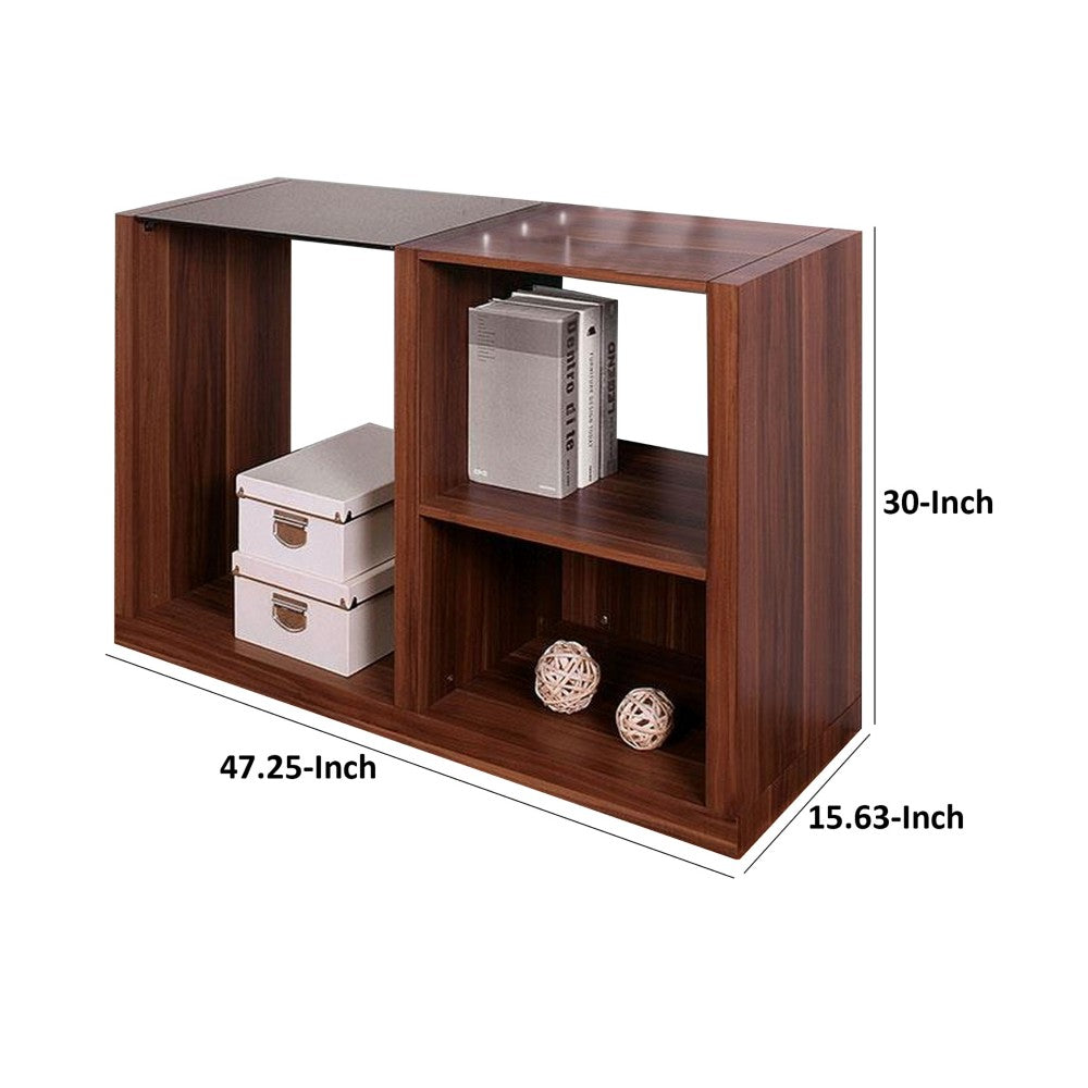 Bere 47 Inch Sofa Table with Black Glass Top, Open Shelves, Brown Wood - BM312160