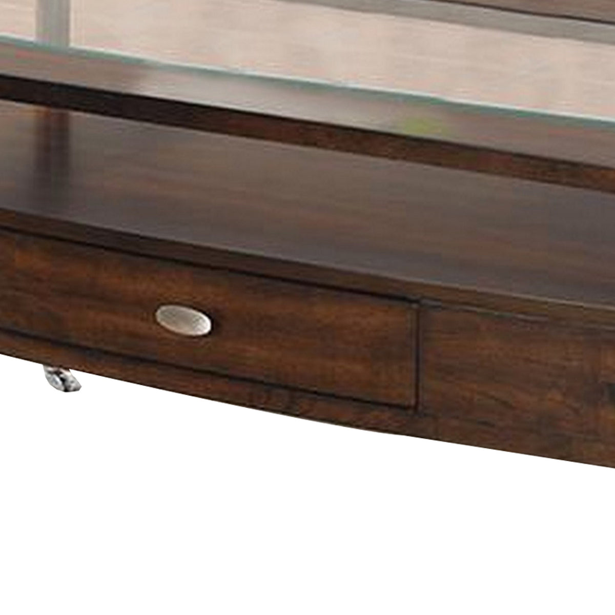 Ruen 44 Inch Coffee Table, Glass Inset, Bottom Shelf, Wheels, Drawer, Brown - BM312161