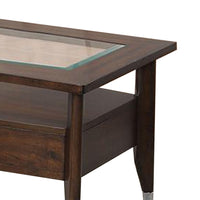 Ruen 44 Inch Coffee Table, Glass Inset, Bottom Shelf, Wheels, Drawer, Brown - BM312161