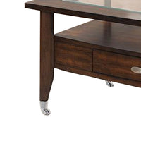 Ruen 44 Inch Coffee Table, Glass Inset, Bottom Shelf, Wheels, Drawer, Brown - BM312161