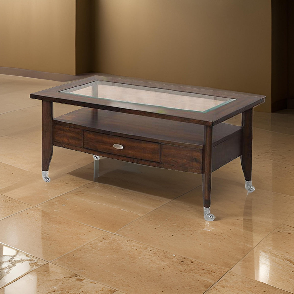 Ruen 44 Inch Coffee Table, Glass Inset, Bottom Shelf, Wheels, Drawer, Brown - BM312161