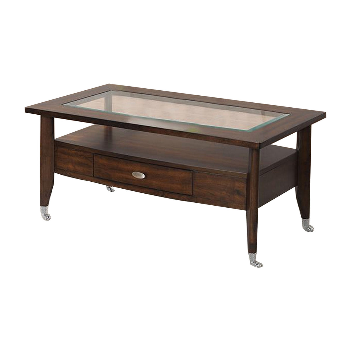 Ruen 44 Inch Coffee Table, Glass Inset, Bottom Shelf, Wheels, Drawer, Brown - BM312161