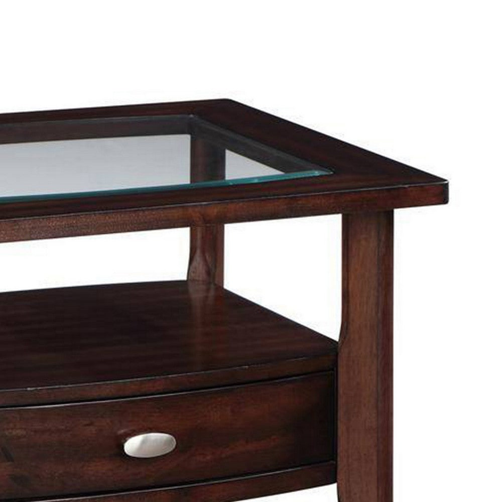 Ruen 27 Inch Side End Table, Glass Inset, Bottom Shelf, 1 Drawer, Brown - BM312162