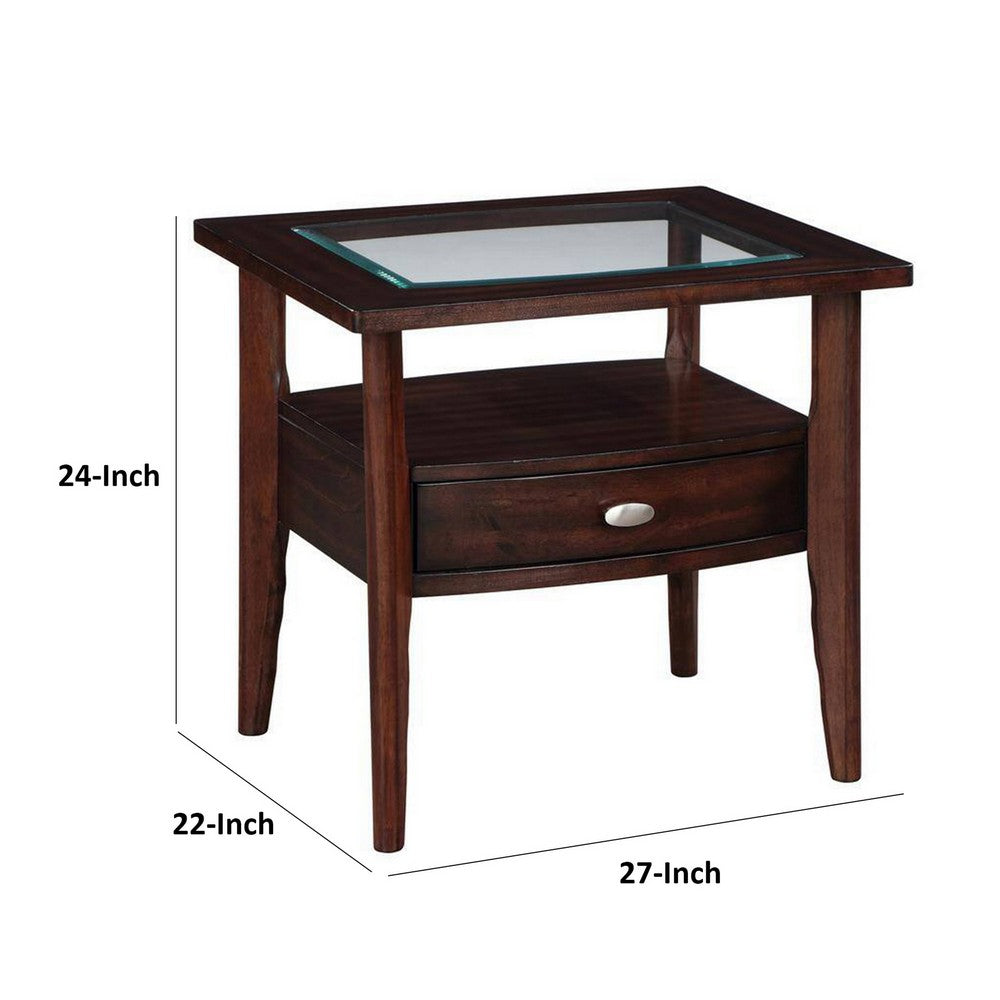 Ruen 27 Inch Side End Table, Glass Inset, Bottom Shelf, 1 Drawer, Brown - BM312162