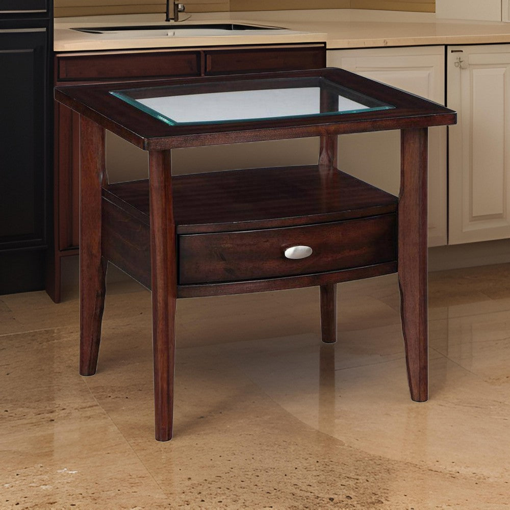 Ruen 27 Inch Side End Table, Glass Inset, Bottom Shelf, 1 Drawer, Brown - BM312162