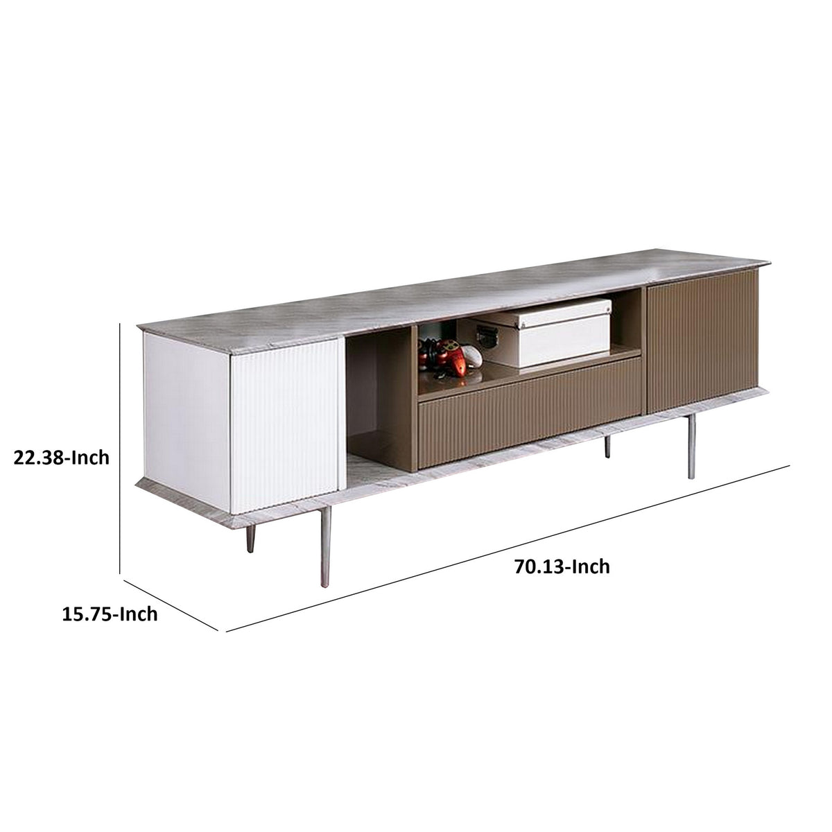 70 Inch TV Entertainment Console, 1 Drawer, Shelves, White, Brown, Gray - BM312169