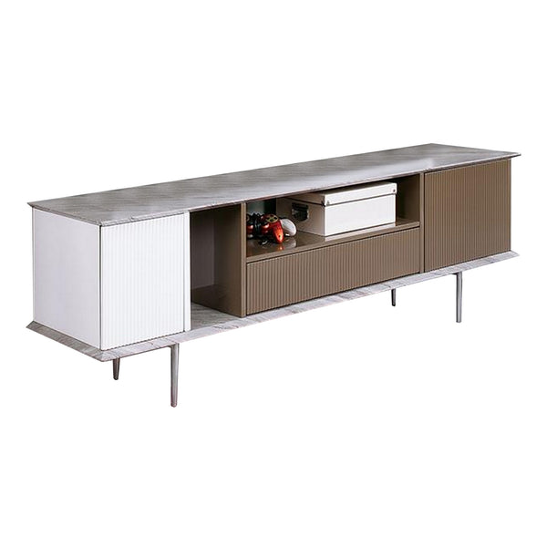 70 Inch TV Entertainment Console, 1 Drawer, Shelves, White, Brown, Gray - BM312169