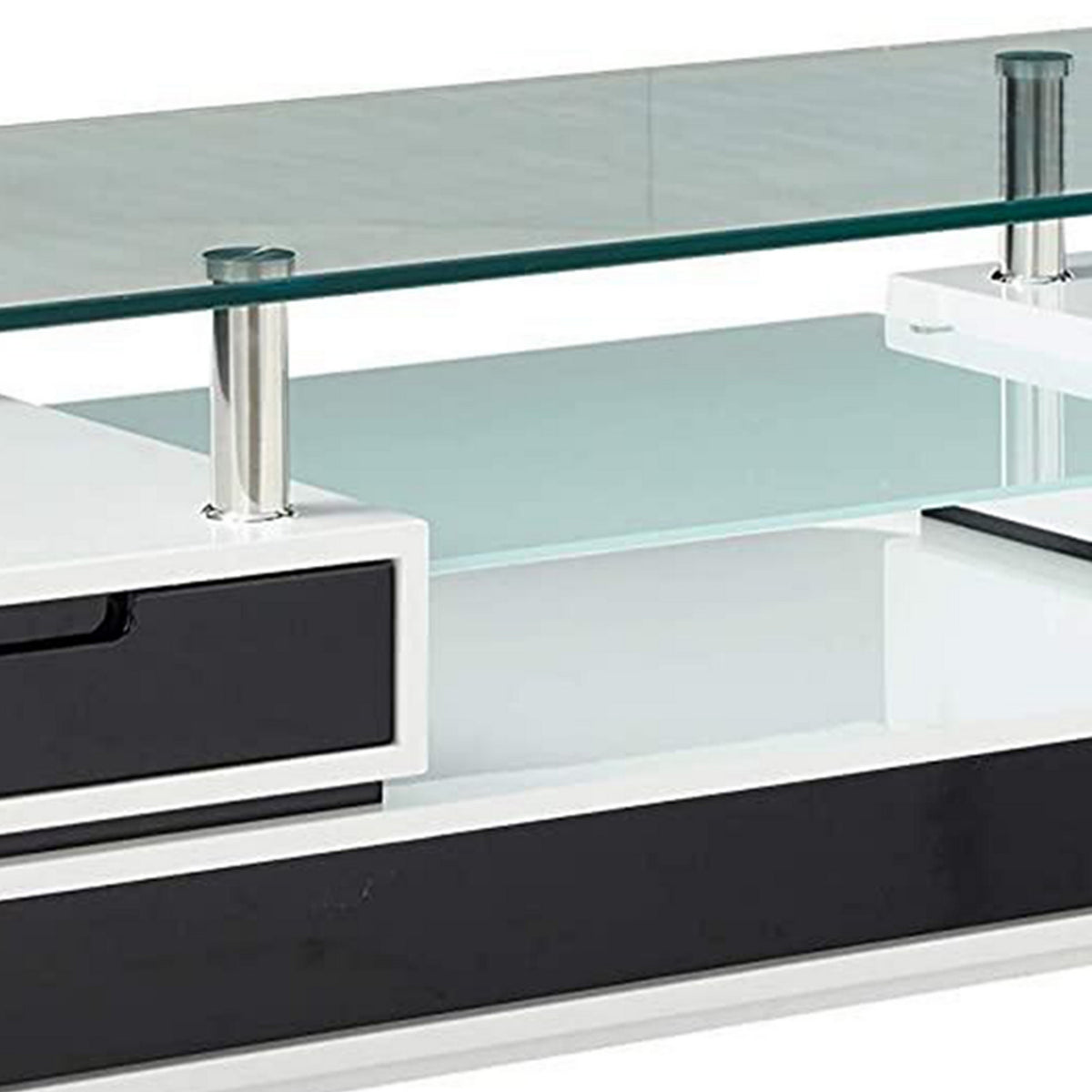 63 Inch TV Entertainment Console, Glass Top, Chrome Posts, Black, White - BM312170