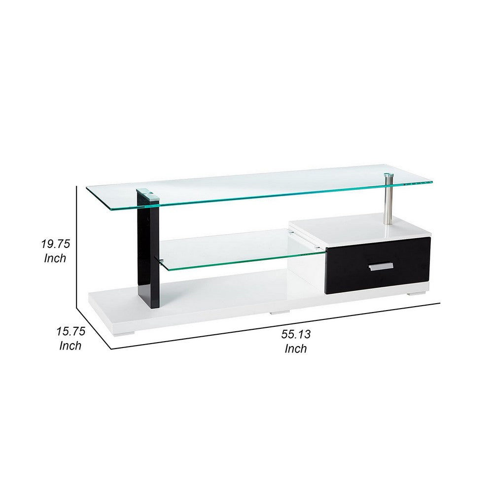 55 Inch TV Entertainment Console, Glass Top, Chrome Posts, Black, White - BM312171