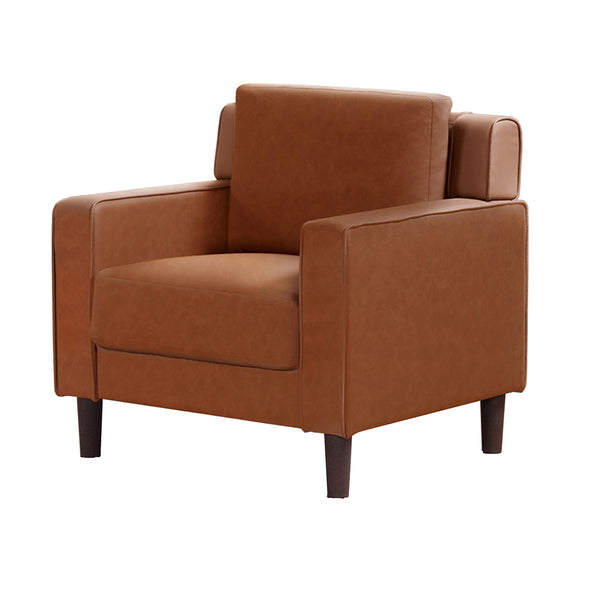 Heun 32 Inch Accent Chair, Soft Camel Brown Faux Leather, Square Track Arms - BM312172