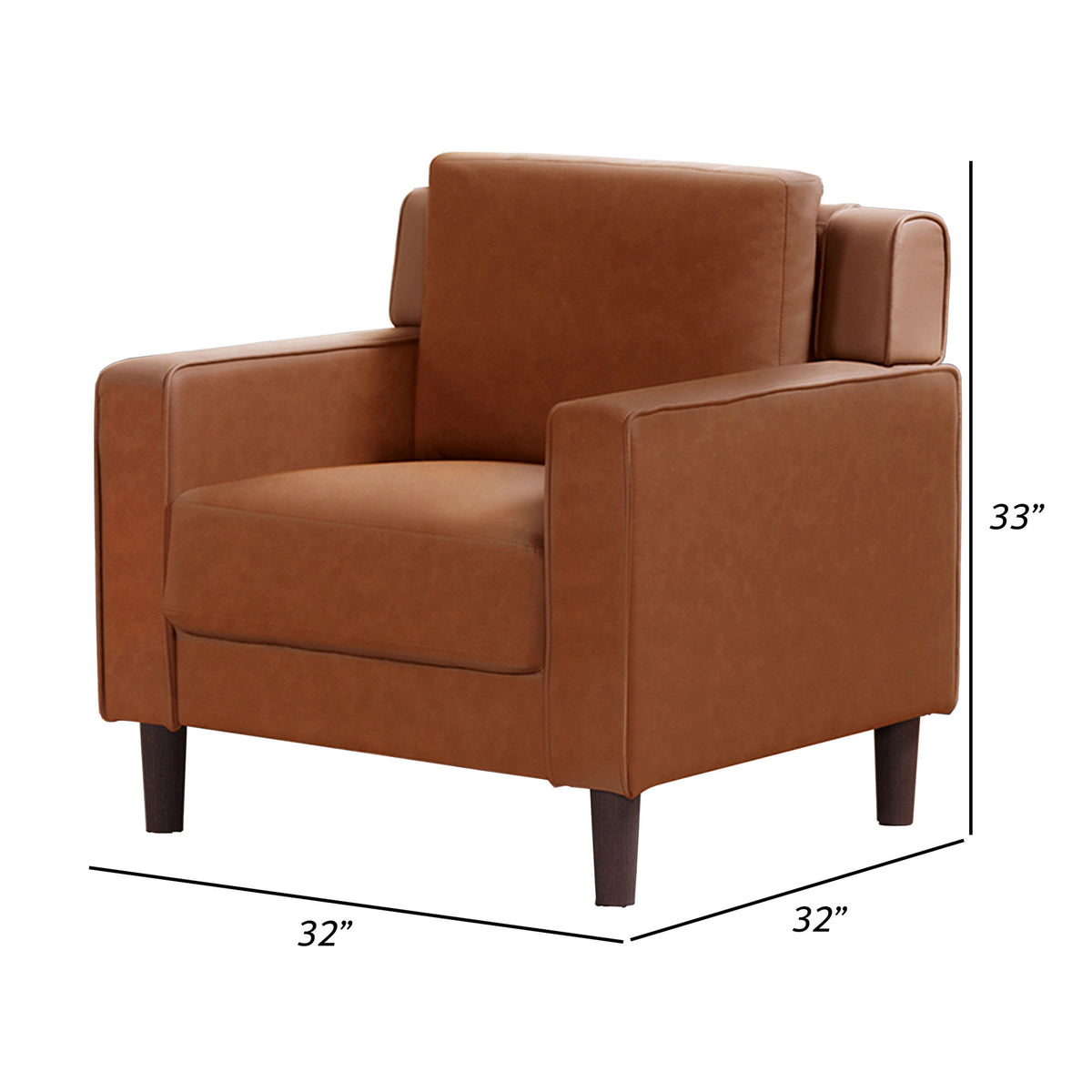 Heun 32 Inch Accent Chair, Soft Camel Brown Faux Leather, Square Track Arms - BM312172