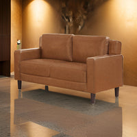 Heun 55 Inch Loveseat, Soft Camel Brown Faux Leather, Square Track Arms - BM312173