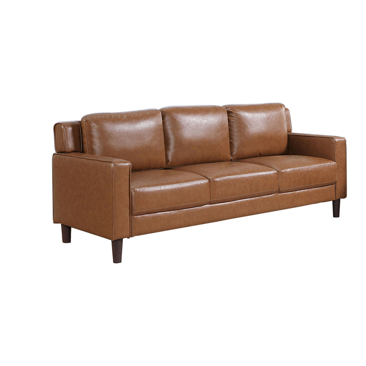 Heun 55 Inch Sofa, Modern, Soft Camel Brown Faux Leather, Square Track Arms - BM312174