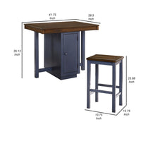 5 Piece Counter Height Dining Table Set, 4 Stools, Antique Oak, Blue Wood - BM312191