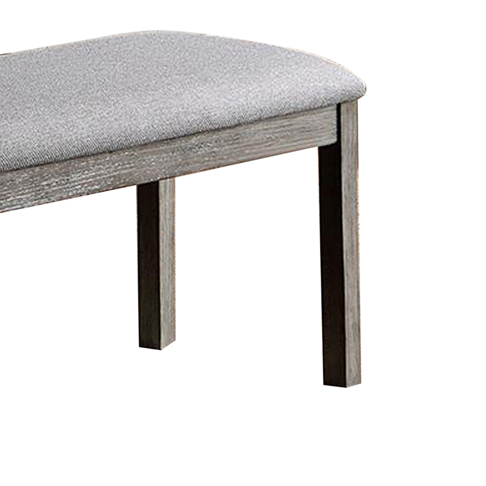 Lais 45 Inch Dining Bench, Wired Brushed Gray Wood, Gray Fabric Padded Seat - BM312197